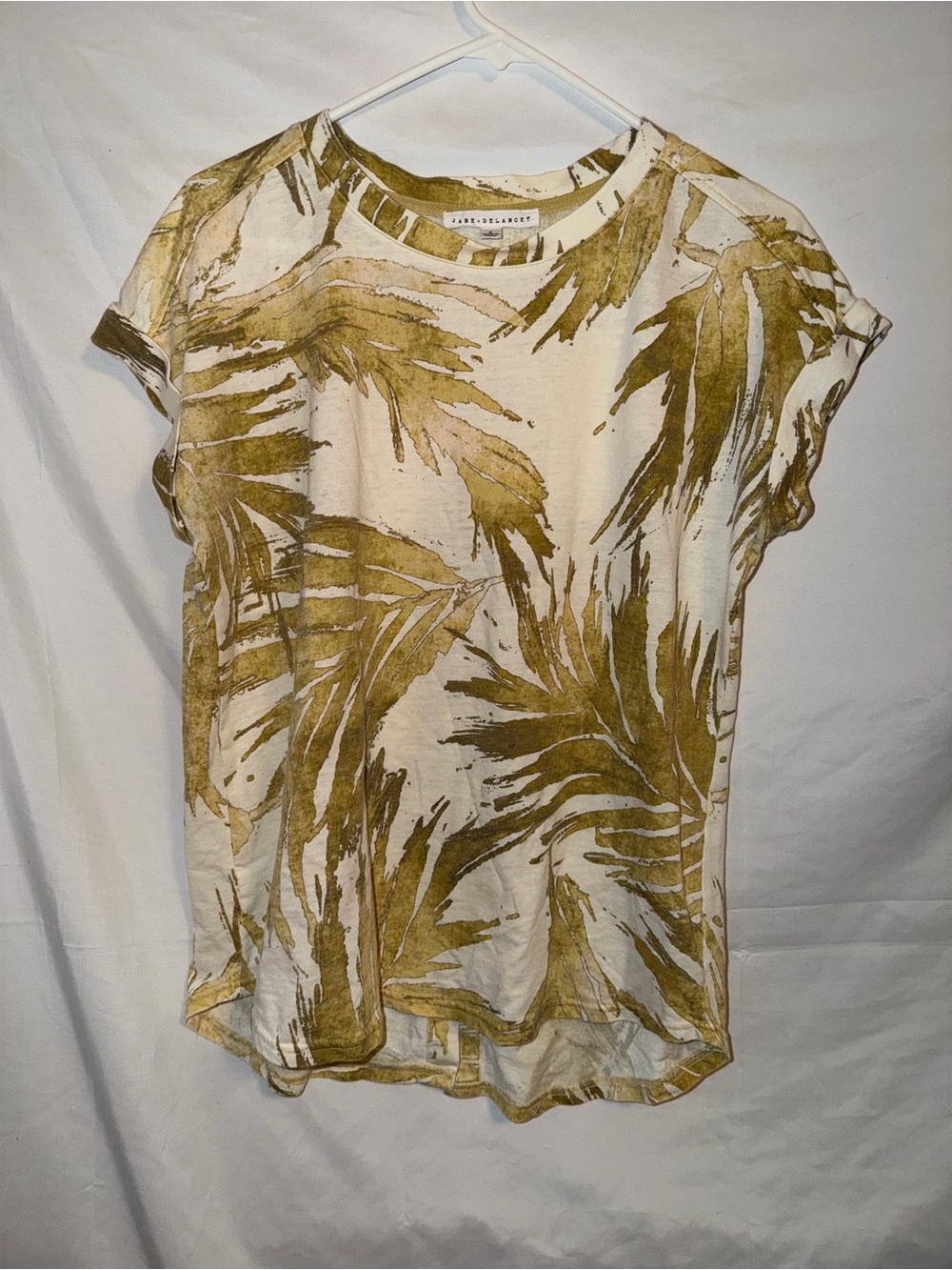 Jane and Delancey Cream Tee with Olive-Green Leaf Print